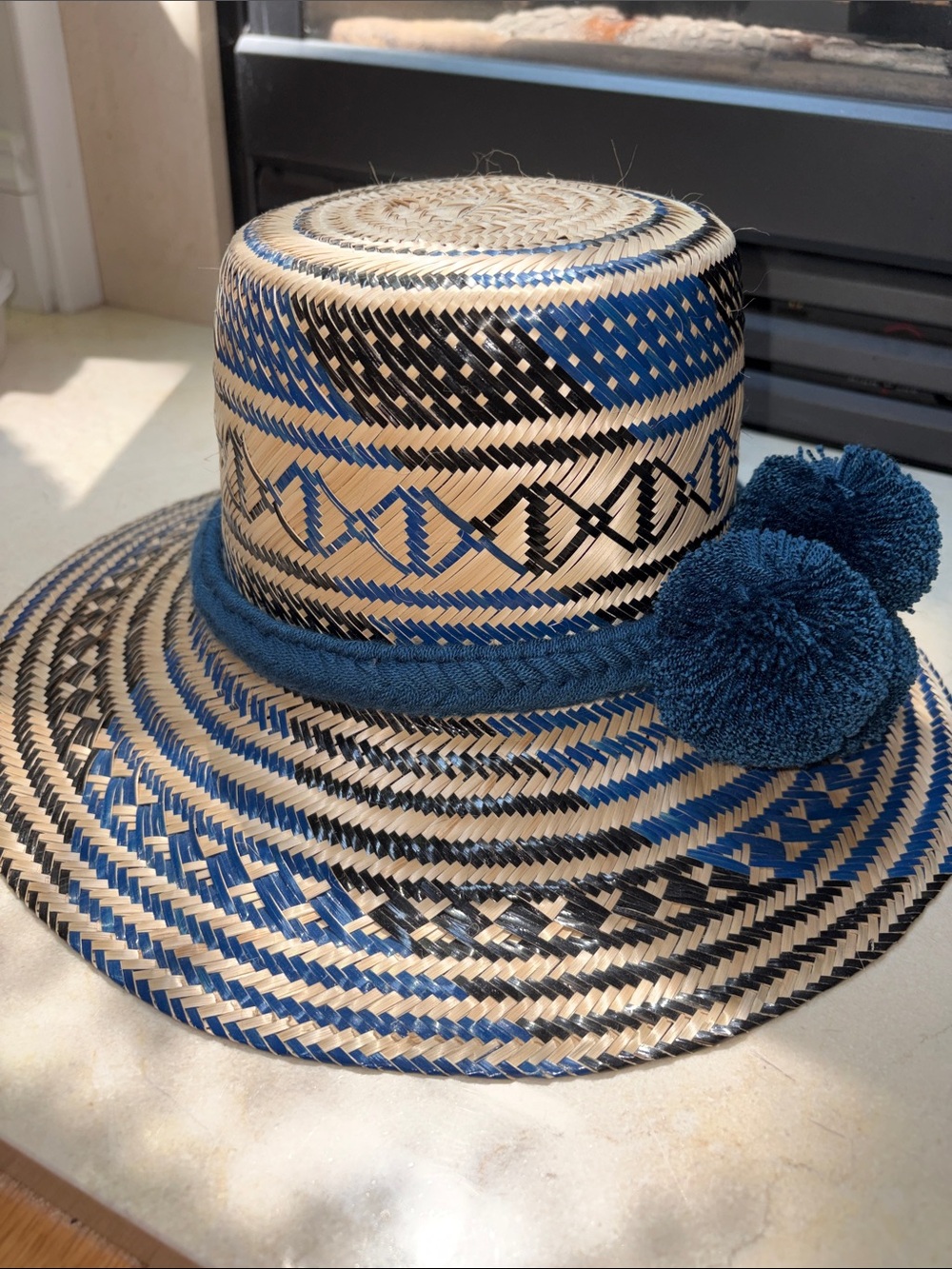 Handwoven Straw Pom-Pom Sun Hat - Blue and Natural